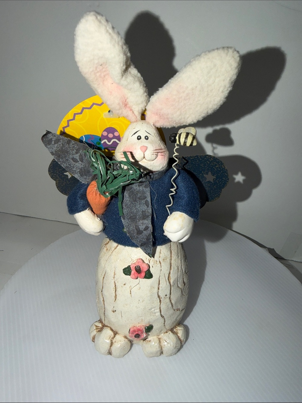 Vintage Decorative White Bunny Home Art Figurine with Blue Jacket